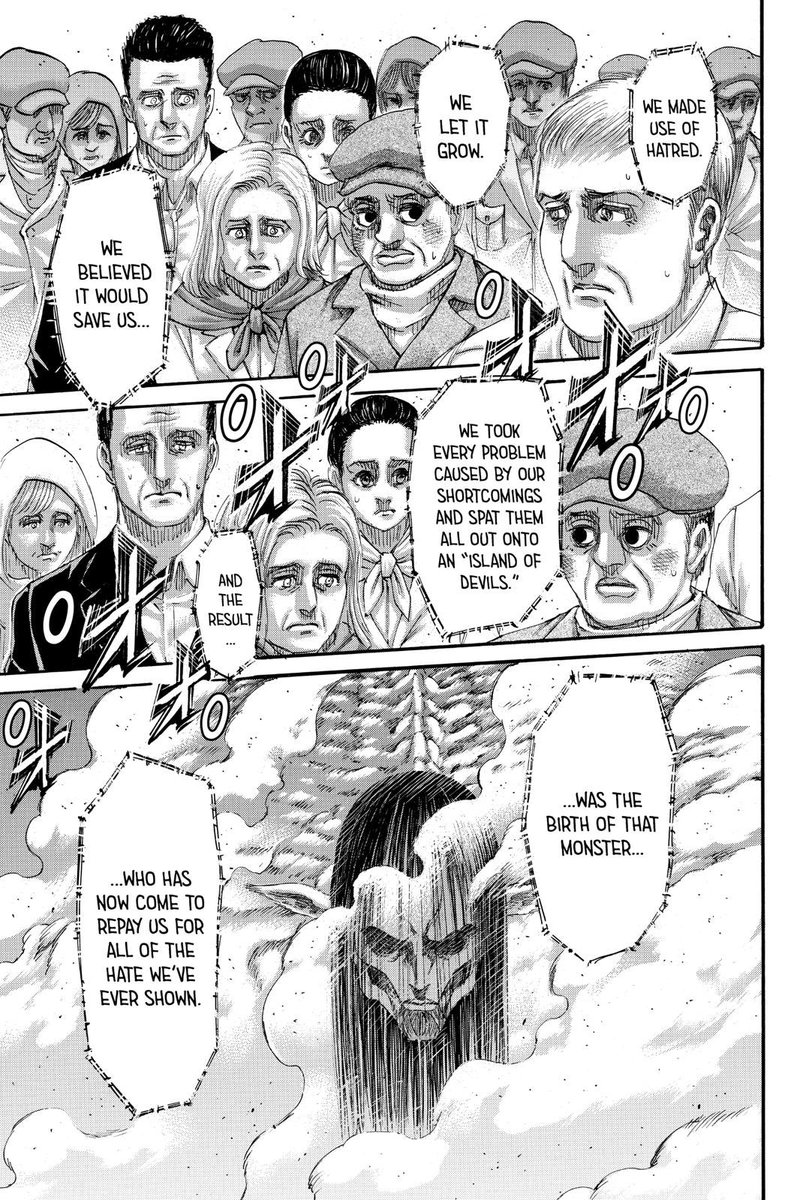 Some people weren’t the biggest fans of this speech in 134 and I can understand why. It felt like Isayama was trying to redeem the Marleyan’s before the big bad guy killed them all. However, I think that this is going to be extremely ironic in hindsight