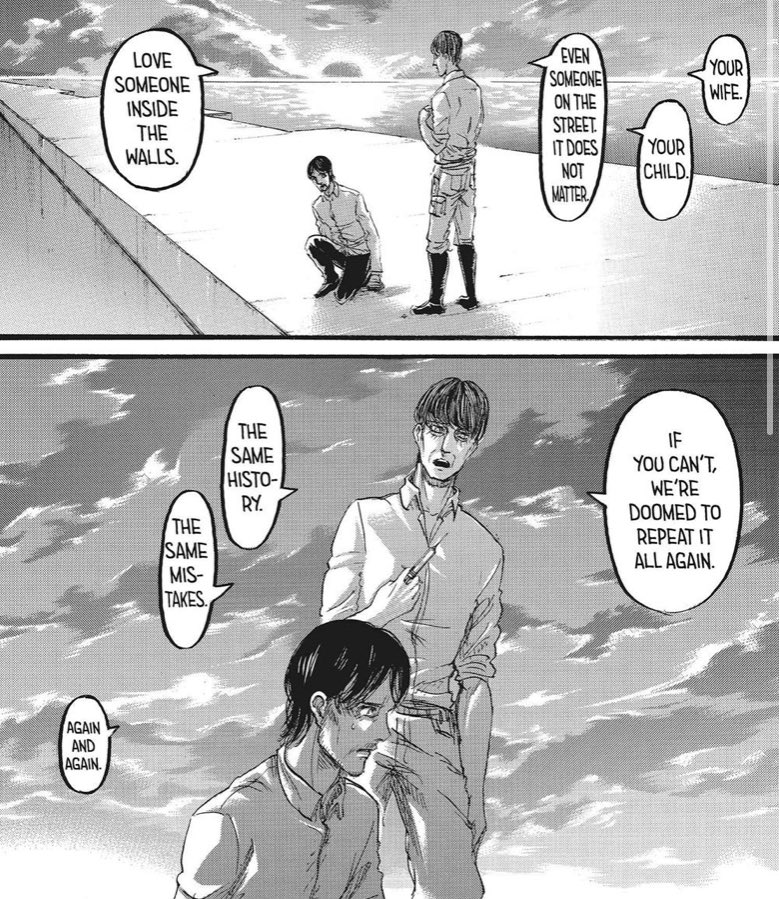 Isayama will show us that despite the alliance putting their own differences aside and defeating Eren, the cycle of hatred will never truly end. I think several people from both sides will die, and the dialogue between Karina and Annie’s dad is so blatant