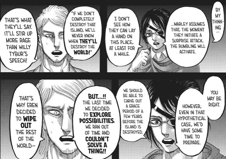 And here is where the whole “alliance look like heroes”, nonsense will go away. Their win, will have serious repercussions. They saved the world, but they have absolutely doomed the Eldians + Paradis and I’m very certain that this is what Isayama will explore in the next 2 chps