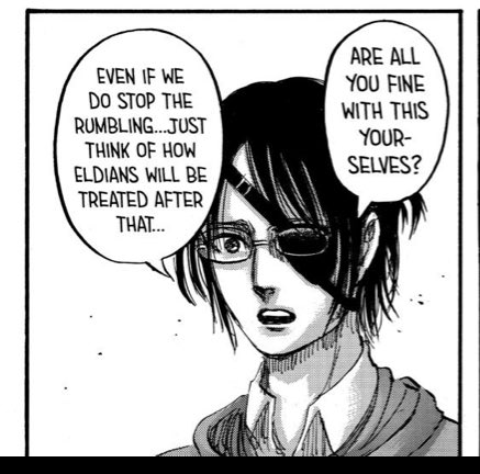 And here is where the whole “alliance look like heroes”, nonsense will go away. Their win, will have serious repercussions. They saved the world, but they have absolutely doomed the Eldians + Paradis and I’m very certain that this is what Isayama will explore in the next 2 chps