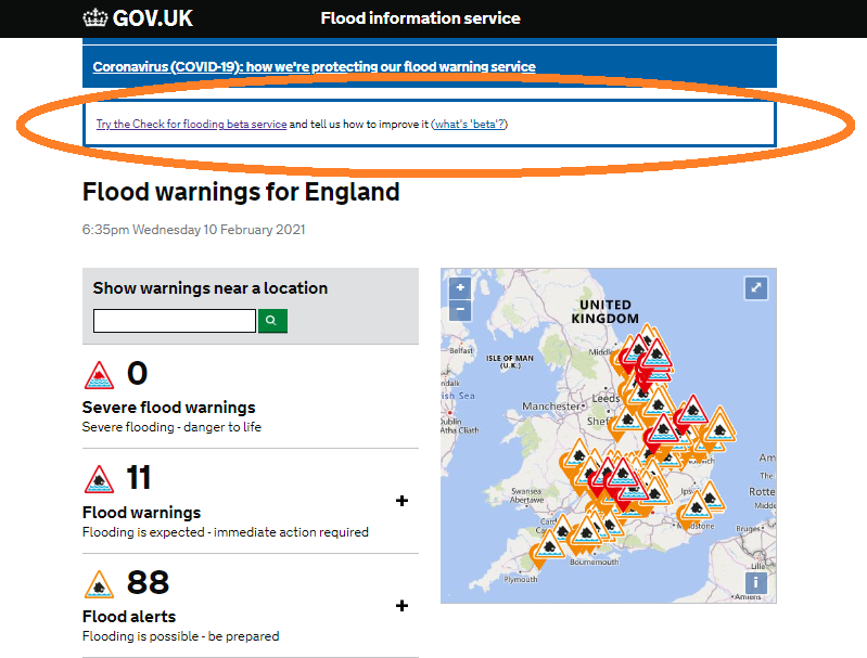 Flood information service with a link highlighted to the new check for flooding service on GOV.UK