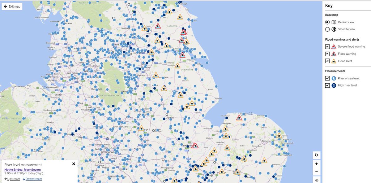 Map of England showing the locations of flood warnings and river level locations including those that are high.