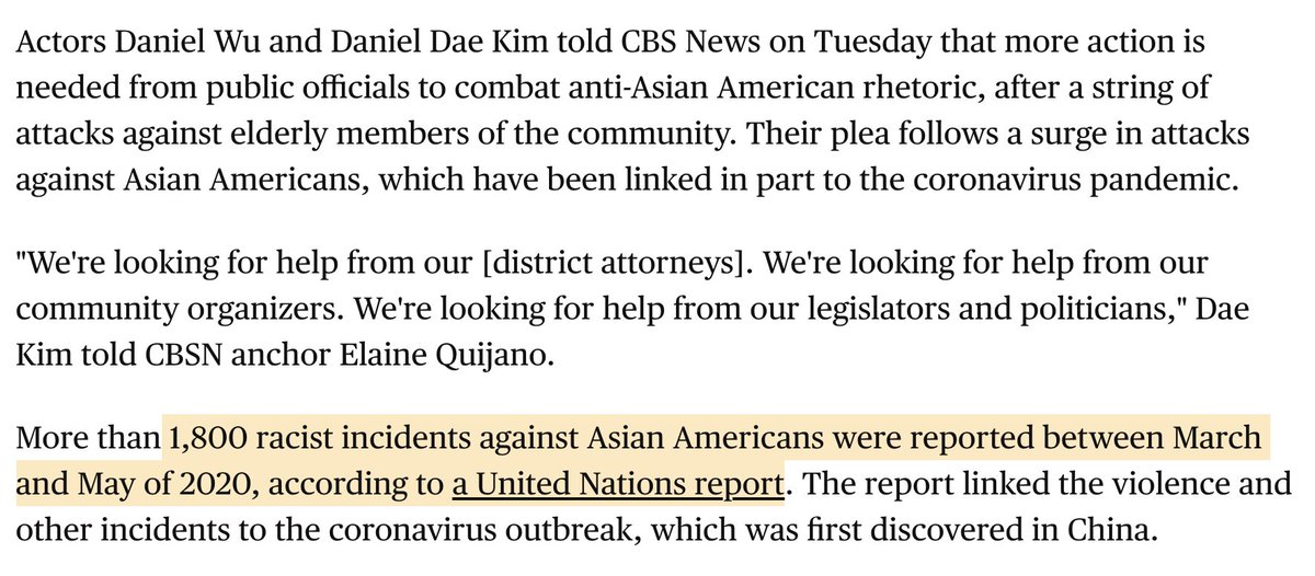 figure published by a brand new organization whose data collection methods and standard for what constitutes a hate incident are dubious, to an actual UN report.In reporting on the latest spate of hate crimes targeting elderly Asians in Oakland's https://www.cbsnews.com/news/daniel-wu-daniel-dae-kim-asian-american-racism/
