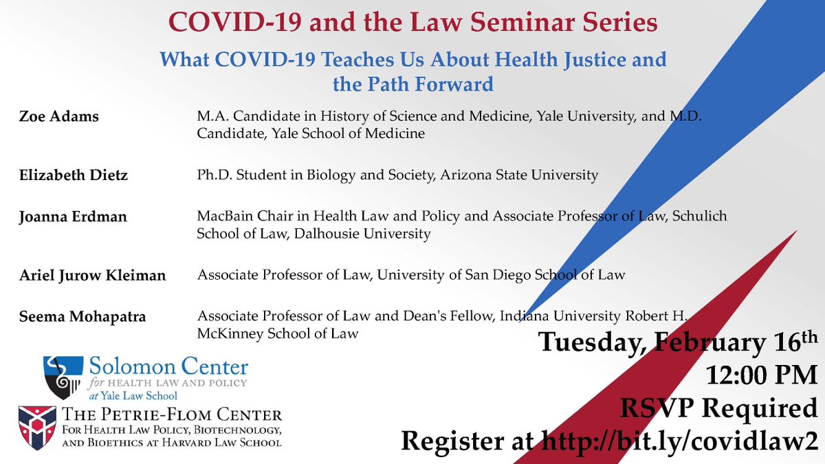 Join us on February 16 for the second installment of our COVID-19 and the Law Seminar Series with <a href="/SolomonCtrYLS/">Solomon Center @ YLS</a>. Featuring <a href="/KatieKraschel/">Katie Kraschel</a>, <a href="/zoe_m_adams/">Zoe Adams</a>, <a href="/devilinthedietz/">Liz Dietz</a>, <a href="/joannaerdman/">Joanna Erdman</a>, <a href="/ajurowkleiman/">Ariel Jurow Kleiman</a>, and @profmohapatra. Register here: bit.ly/covidlaw2 #COVIDLawPolicy