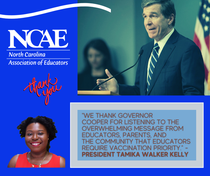 Thank you to Governor Cooper for prioritizing the vaccination of NC educators! # #ncpol #ncED #Shot4SafeReturn 

Complete statement here: bit.ly/NCAE2-10-21