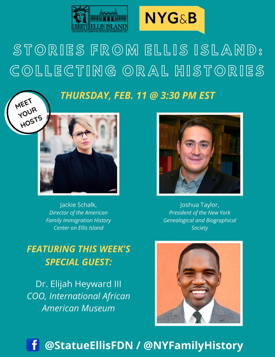 Tomorrow on "Stories From Ellis", hosts chat with Dr. Elijah Heyward III, COO at The International African American Museum in Charleston, SC, opening 2022. This week, we'll discuss African-American genealogy and Gadsden's Wharf. 2/11 @ 3:30PM EST! 🗽 Facebook.com/StatueEllisFdn