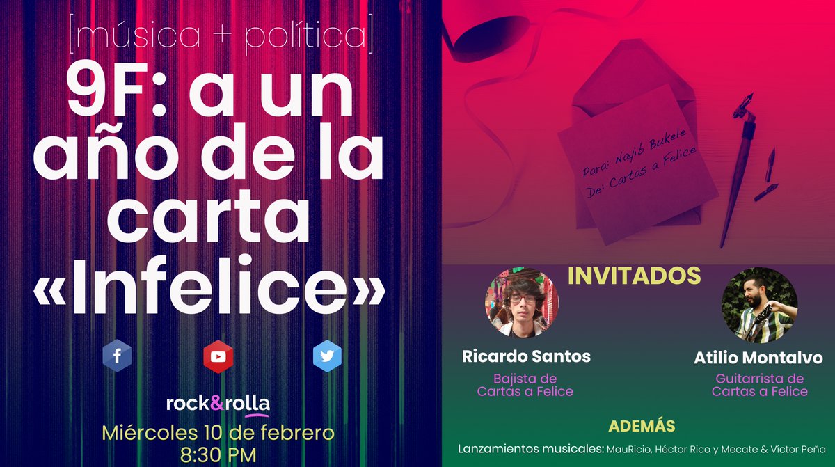 RevistaFactum's tweet photo. Esta noche continuaremos con el ciclo de música y política en #Rockanrolla.
Charlaremos con Ricardo Santos y Atilio Montalvo, de @cartasafelice, banda que en febrero de 2020 publicó un comunicado en el que condenaron las acciones de @nayibbukele ocurridas el #9F.

Hora: 8:30pm. https://t.co/D22l5kwA8B