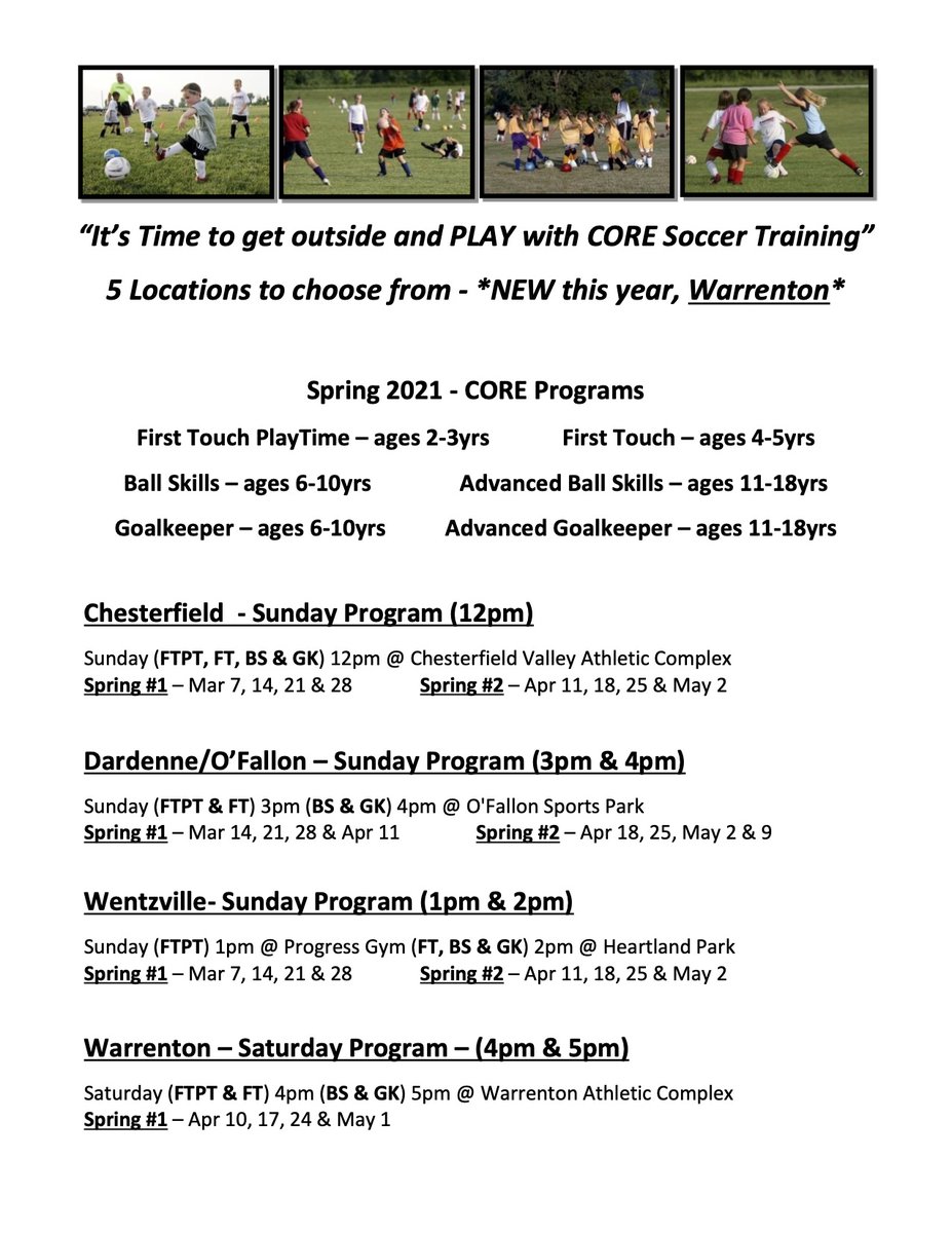 March programs are right around the corner! Get in early to reserve your spot! Go to coresoccertraining.com to SIGN UP! Locations, dates and times below!