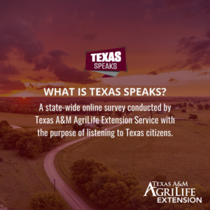 Texans: here's your chance to express the strengths and needs within your community.  The survey is anonymous and takes less than 10 minutes to complete. Help <a href="/txextension/">Texas A&M AgriLife Extension Service</a> support your community!

ow.ly/7s1550DwN9t