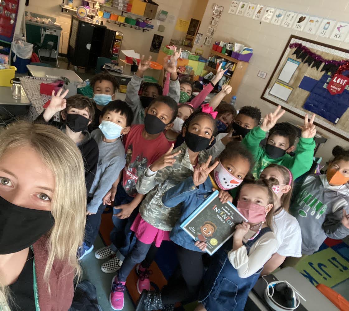 Mrs. Cooper read to Mrs. Cooney’s class today. They followed a young boy and his daily routine, learning of the inventions he used and the inventors who created them.