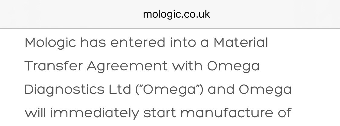  #ODX 5/5Omega would have already been known to the Gov due to the existing UK-RTC contract that was in place. However Mologic (GAD) would have used Omega to strengthen their offering in terms of security of supply.The Mologic MTA from June 2020 was the making of Omega 
