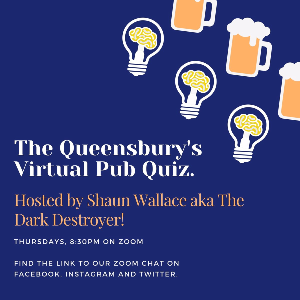 Once again the infamous <a href="/theshaunwallace/">Shaun Wallace - The Dark Destroyer - the Chase</a> is here to rest your knowledge with our virtual pub quiz tomorrow night at 8:30pm!
.
.
.
.
.
#pubquiz #thechase #thedarkdestroyer #virtualquiz #shaunwallace #quizheads