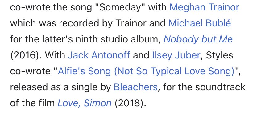 ~songwriter~ not only is harry an extremely talented lyricist who writes all the material for his own songs he has also written & given multiple songs to artists such as Ariana grande & Meghan trainor, & has also written a song for the soundtrack for the film ‘love Simon’