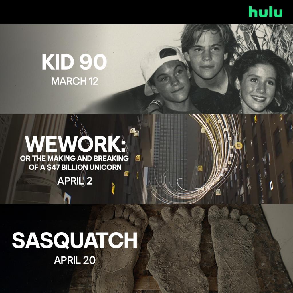 hulu's tweet image. We&apos;ve got docs coming in hot! 🔥 Mark your calendars for the premieres of #kid90, #WeWorkDoc and #SasquatchOnHulu.
