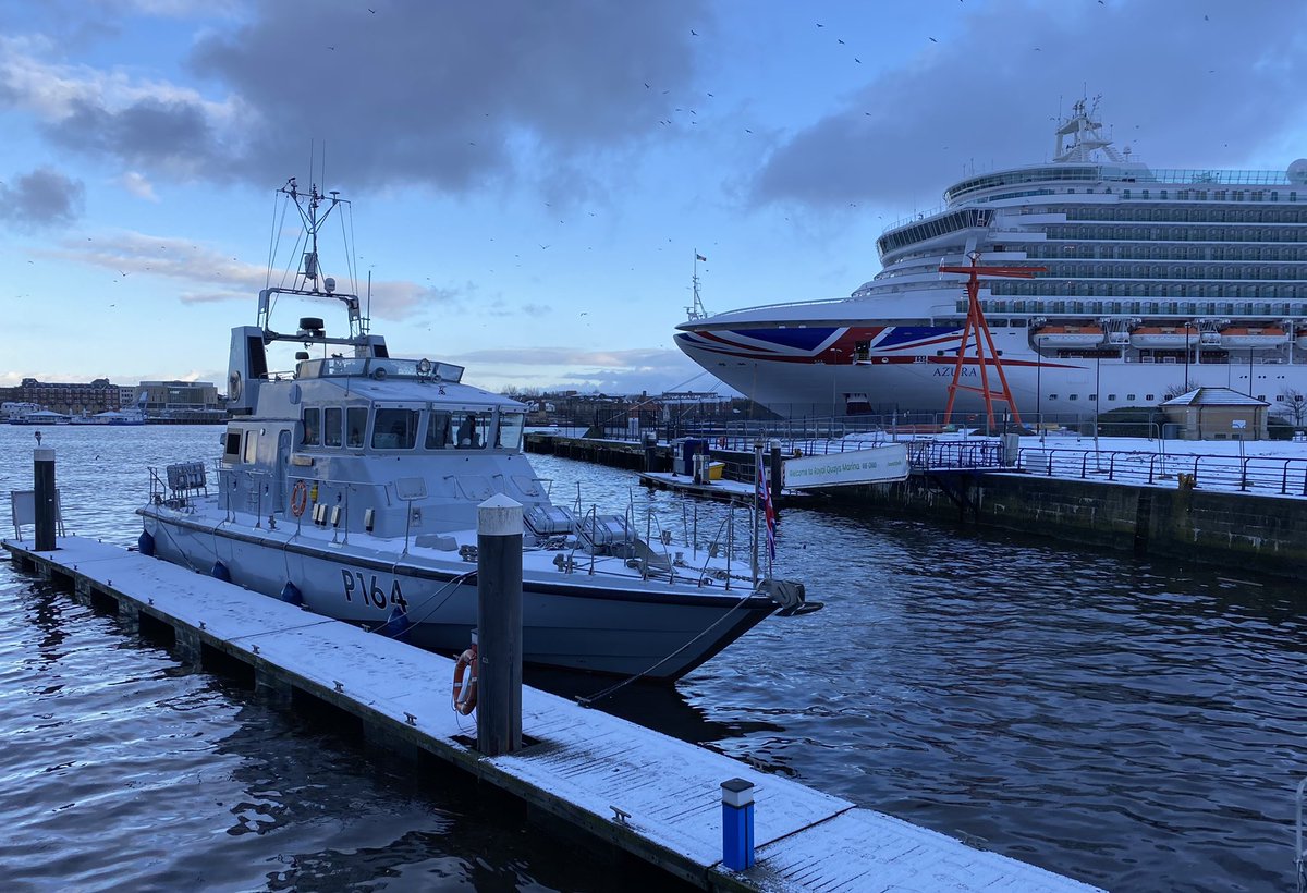 After emerging from our annual refit at @docks_uk, a ❄️ shower welcomed us to @weareboatfolk Royal Quays Marina this afternoon. @pandocruises Azura watching over us. #LittlevsLarge #smallshipsbigimpact