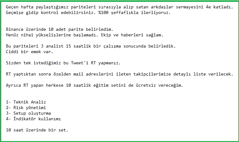 bycoinhunter's tweet photo. Bu tweeti RT'leyen tüm takipçilerimize: 👇 ŞART YOK

1⃣Binance üzerinde 2x Beklentimin olduğu 10 parite ve analizi

2⃣200$ değerinde 10saatlik eğitim seti HEDİYE

Açıklama👇👇

$btc $eth $doge $ltc $ada $link $sushi $aave $qtum
$ocean $neo $aave $matic $ada $uni $etc $algo $hot https://t.co/6jNQ1WkW8C