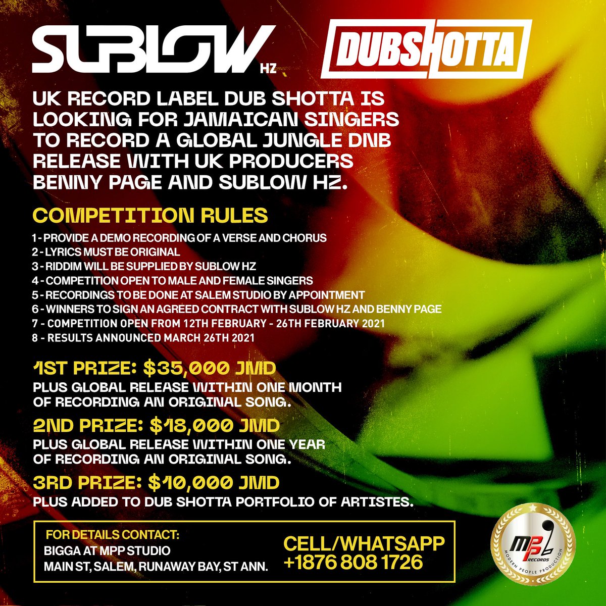 Dub Shotta are now preparing for an exciting competition to take place in Jamaica 🇯🇲 
Producers <a href="/bennypagemusic/">Benny Page</a> &amp; <a href="/sublowhz/">SubLowHz</a> are searching for new and exciting artistes to record for jungle DNB releases for 2021 🔥🔥