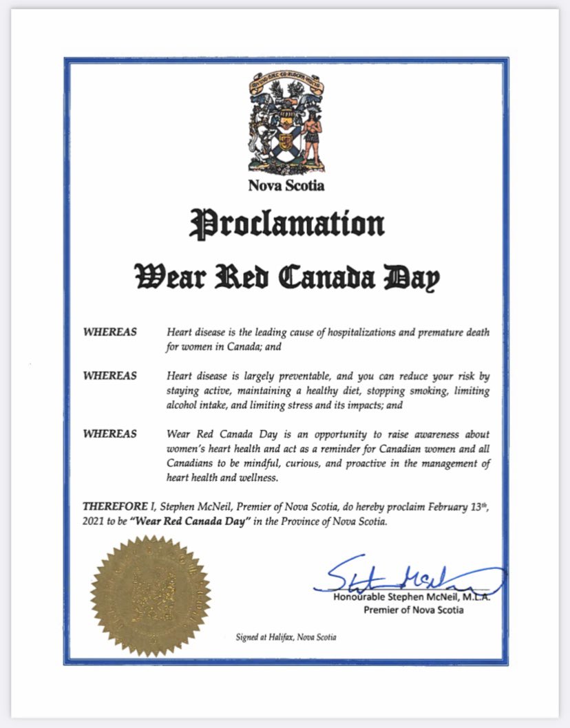 HeartDocSharon's tweet photo. AND 🙌 YES! It is 🌟official🌟 !!#WearRedCanadaDay February 13, 2021 has been proclaimed for the PROVINCE of NOVA SCOTIA!  Thank you @StephenMcNeil! @CWHHAlliance @HeartandStroke  @cwhhs #HerHeartMatters To celebrate increasing awareness, #ProvinceHouse will be lit RED Feb 12&amp;13 https://t.co/I6jmOewak7