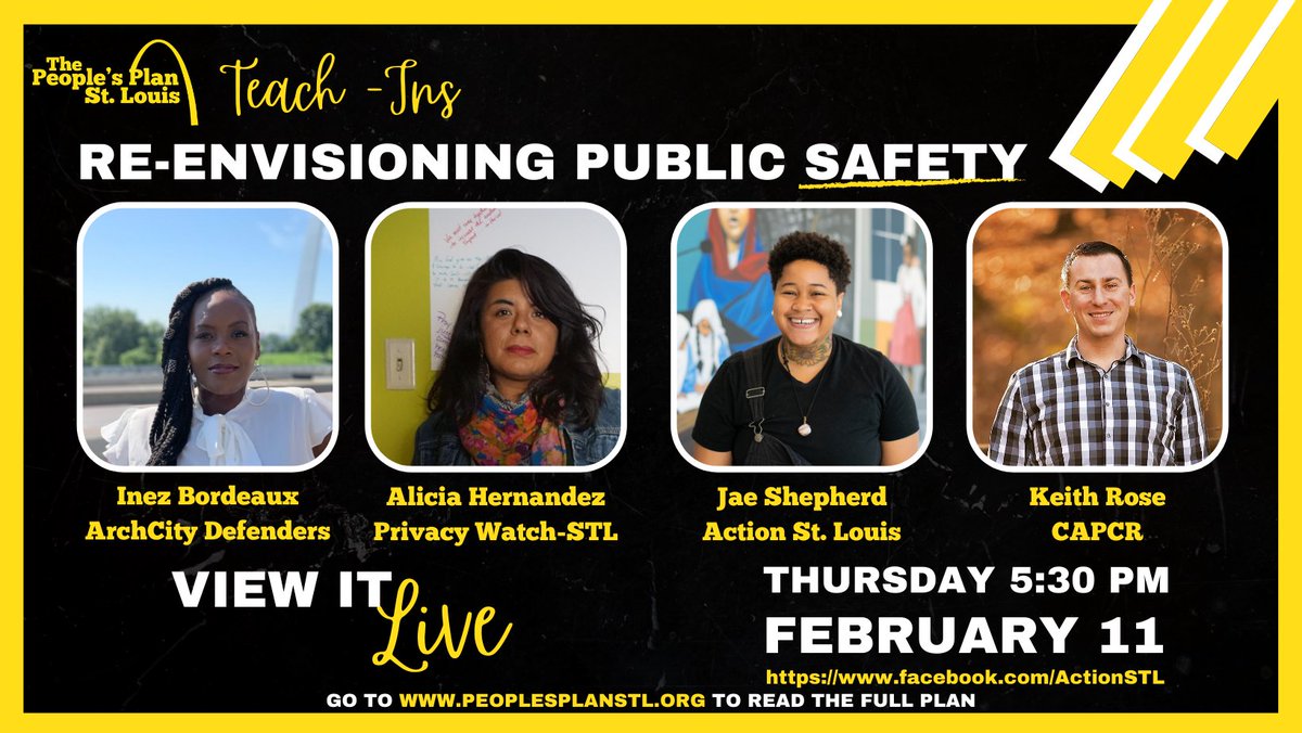 ActionSTL's tweet image. We need a new approach to public safety that doesn't rely on pretrial detention & cash bail. The #PeoplesPlanSTL called on our city to divest from policing and invest in the People. This Thurs, come hear from some of the partner orgs pushing our city closer to this vision.