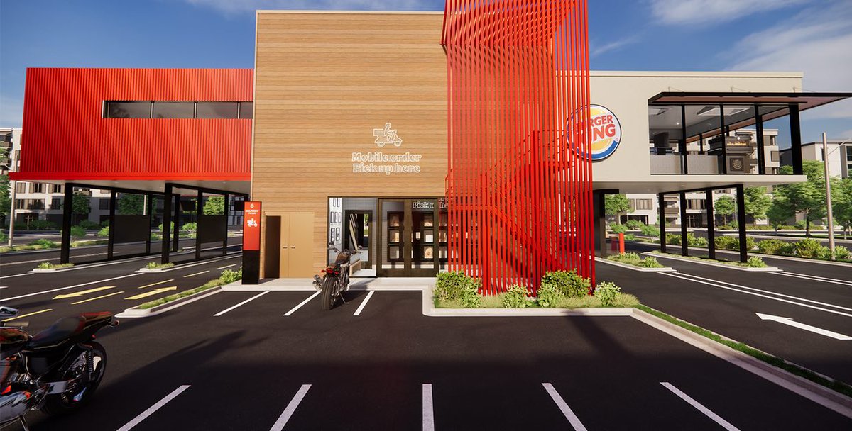 The most notable example may be Burger King’s “Restaurant of Tomorrow” concept, offering shaded parking spots for food ordering and in-car dining, multiple drive-thru lanes, and a T-shaped physical restaurant to accommodate—you guessed it—more cars.