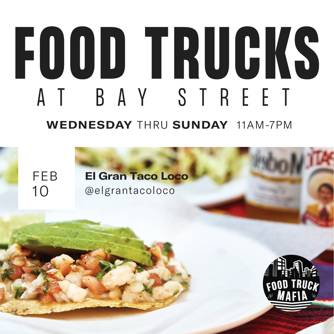 Check out the lineup of food trucks at Bay Street this week!
-El Gran Taco Loco
-Haley McNicolls Eatery
-Cali Cruisin
-Fonseca's Mexican Truck
-Ampuli
-Rosie's Mexican Food

Visit us with <a href="/foodtruck_mafia/">The Food Truck Mafia</a> every W-Su from 11am-7pm. 

Upcoming Schedule👇🏼
thefoodtruckmafia.com/upcoming