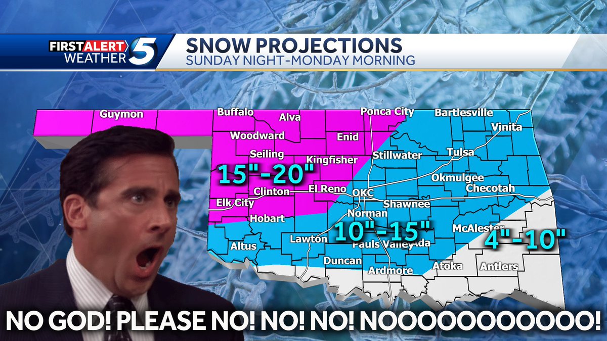 ❄️PLEASE NO!!!❄️ Sunday night has the likelihood of being huge in Oklahoma, with many people receiving near or over A FOOT OF SNOW at the end of the week and into Monday. bit.ly/3jAVDK6