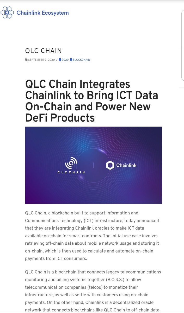 7) Back in Sep 2020 one of the biggest partnerships in  #Crypto was signed between  @chainlink and  @QLCchain  #Chainlink will provide  #Oracle and  #defi solutions to  $qlc which is the standard  #blockchaintechnology making  $link the main oracle in the  #telecom world
