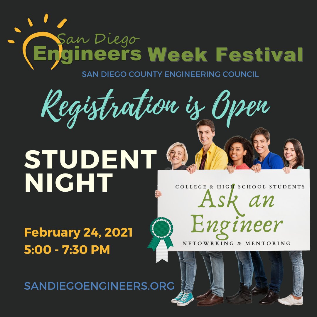 SDEngineers's tweet photo. Registration is now open for our 2021 #EngineersWeek #festival. Feb 24 is the Student Night. Register NOW: https://t.co/dcM9Y04pXL 

#SanDiegoEngineers #Eweek2021 #ImaginingTomorrow #EngineeringHeroes #EngineersRock #ThisIsWhatAnEngineerLooksLike #EngineeringAbrighterFuture https://t.co/qGppUPnxYl