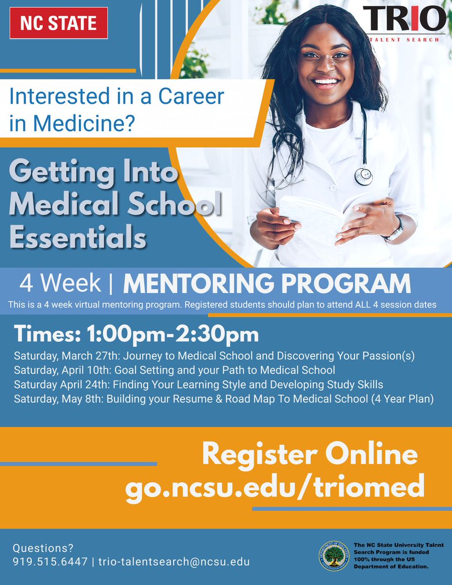 NCStateTRIO_TS's tweet photo. Scholars!

Are you interested in the medical field, robotics, horticulture, engineering, or cosmetic sciences? If yes, these upcoming events and activities are for YOU! 
RSVP now to secure your spot! 

Visit https://t.co/cajalUnD22 for more information! https://t.co/0VFUARGO1v