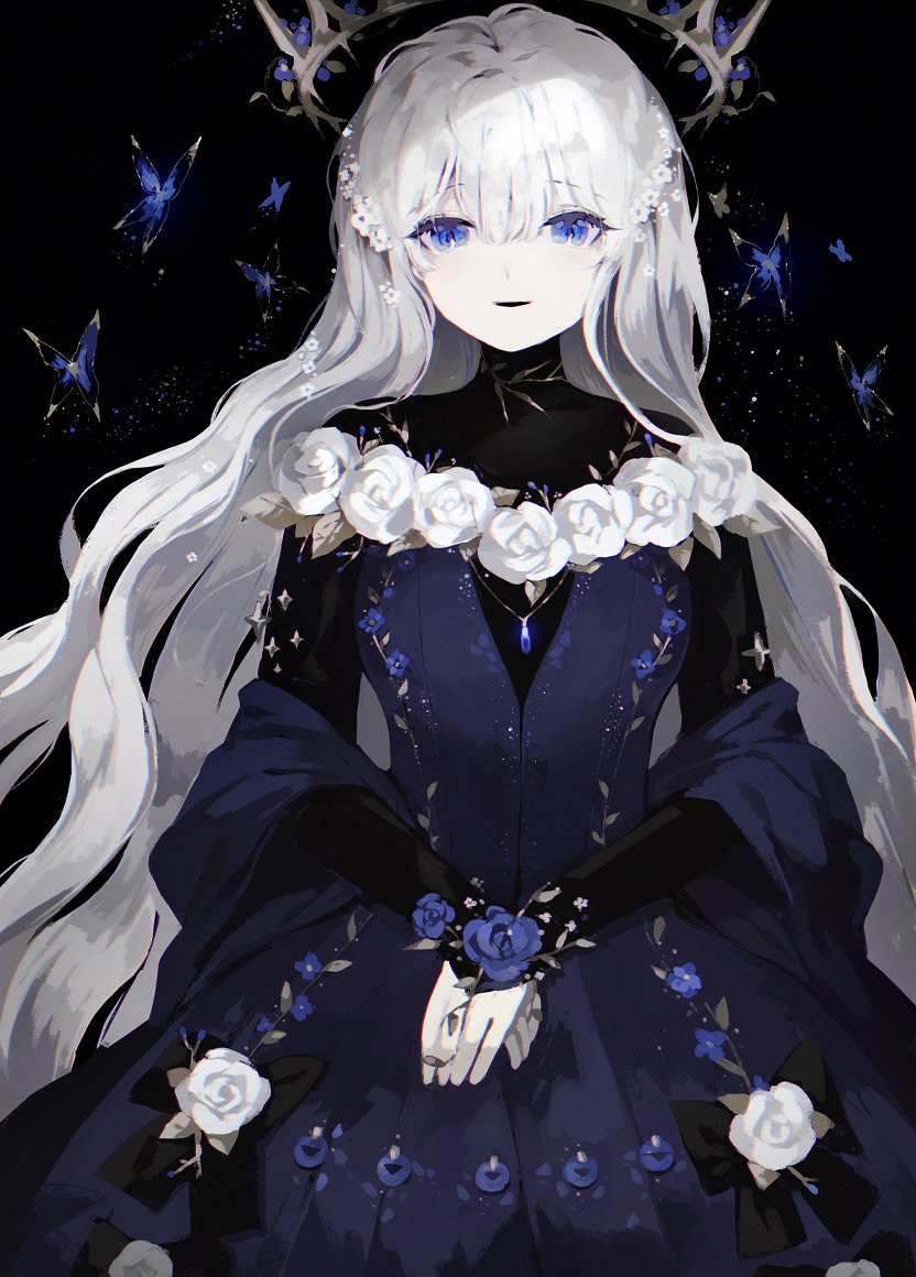1girl solo dress long hair flower butterfly blue eyes  illustration images