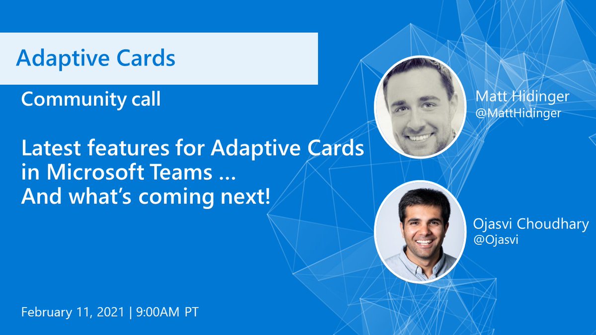 Microsoft 365 Developer (@microsoft365dev) on Twitter photo 📅 Agenda for the #Adaptive Cards community call February 11th @ 9:00AM PT
✅ News and updates with <a href="/MattHidinger/">Matt Hidinger</a>
✅ Latest & upcoming Adaptive Cards features in #MicrosoftTeams shared by <a href="/Ojasvi/">Ojasvi Choudhary</a>
🤝 Join the call → msft.it/6010p29WC #Microsoft365dev 📅 Agenda for the #Adaptive Cards community call February 11th @ 9:00AM PT
✅ News and updates with <a href="/MattHidinger/">Matt Hidinger</a>
✅ Latest & upcoming Adaptive Cards features in #MicrosoftTeams shared by <a href="/Ojasvi/">Ojasvi Choudhary</a>
🤝 Join the call → msft.it/6010p29WC #Microsoft365dev