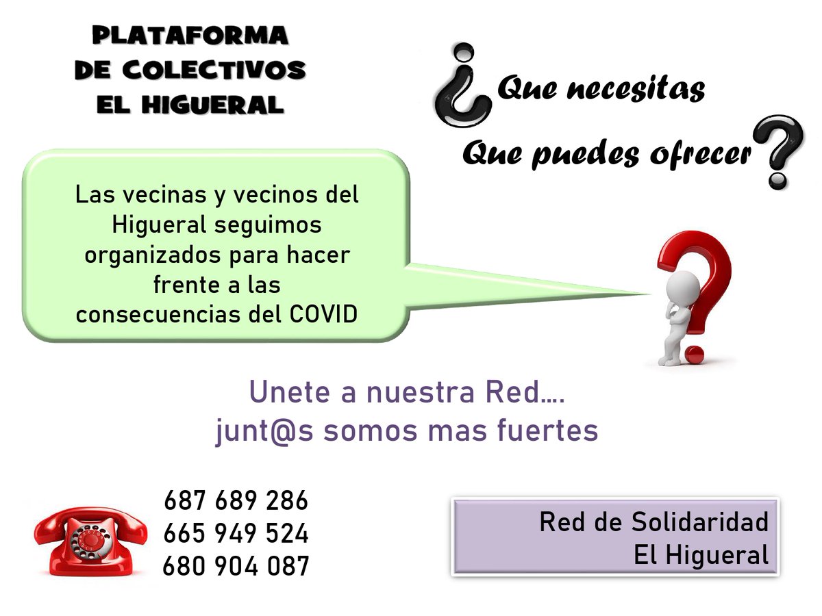 RspHuelva's tweet image. La RED DE SOLIDARIDAD DEL HIGUERAL sigue viva
Si necesitas ayuda de tus vecinas y vecinos, o si estás dispuesta/o a ofrecer parte de tu tiempo, tus conocimientos y tu apoyo llamanos

Juntas hacemos BARRIO, juntos construimos la SOLIDARIDAD