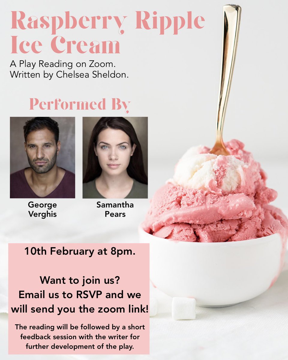 Thank you to those that came and saw the reading of “Raspberry Ripple Ice Cream” tonight and gave some wonderful feedback! 

Make sure to follow <a href="/ChelseaMSheldon/">Chelsea Sheldon</a> for her writing endeavours and our actors <a href="/SamanthaPears_/">Samantha Pears</a> and <a href="/george_verghis/">George Verghis</a>