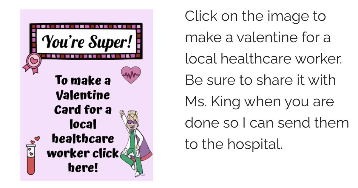 2-3rd graders are working on creating Valentines cards for local healthcare workers, but I wanted to open this up to all of our Hawks. If you'd like to make a digital card, click the link and share it with me and I will send them all! the-imaginationstation.weebly.com