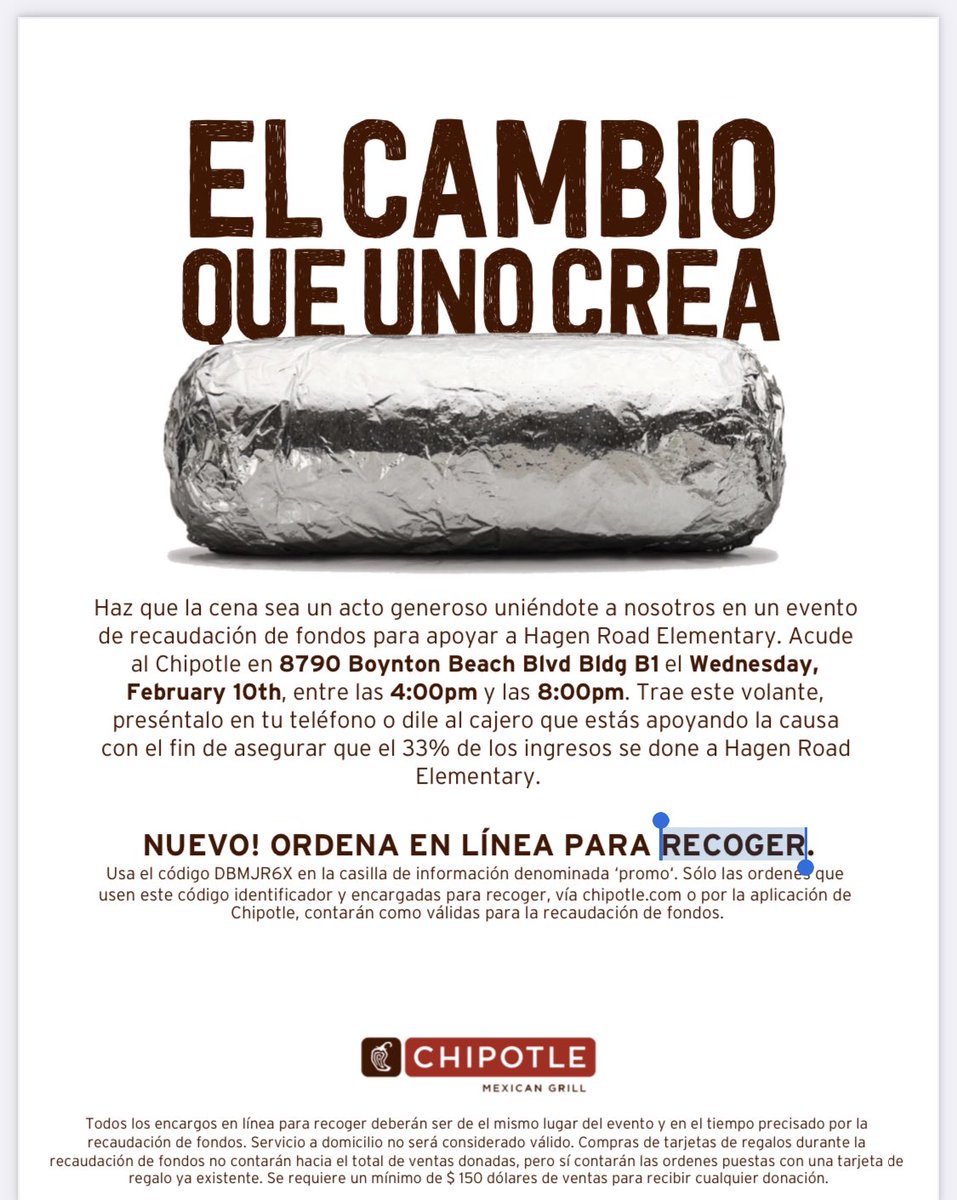 HagenRoad's tweet photo. ๐ ๐#TeamHagen, hear that bell?! Itโs dinner time...
COME AND GET IT! ๐๐
#ChipotleSpiritNight starts NOW!
Support the @HagenRoadPTA and have @ChipotleTweets make dinner for you!
#GoingTheDistancePBCSD
#RoadRunnerSrule https://t.co/qsd8wEhkN3