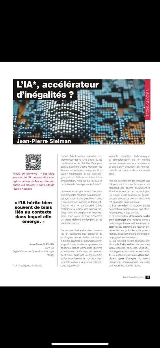 jp_sleiman's tweet photo. L’#IA dans ses formes actuelles amplifie-t-elle les inégalités, notamment de #genre ? Peut-elle au contraire contribuer à les réduire ?
Quelques pistes dans mon article pour #PAM
Merci à @PontsAlumni pour cette tribune 🤖👥🌉
—> English version coming soon! https://t.co/hEXI60b9SC