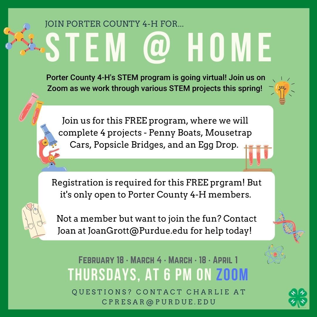 Sign-ups are closing soon! Join Porter County 4-H for STEM @ Home! We will be conducting 4 projects every other Thursday on Zoom, with take-home kits to complete the projects with! Interested in signing up? Fill out the form by tomorrow (2/11) at 5 PM:
forms.gle/HcK6NH52LvCUio…