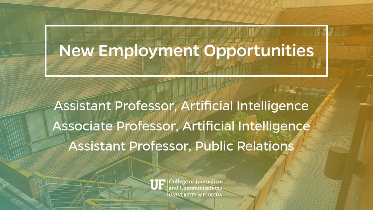 UF College of Journalism and Communications (@ufjschool) on Twitter photo Find yourself <a href="/UF/">FLORIDA</a> where the most powerful supercomputer in U.S. higher education lives. <a href="/UFJSchool/">UF College of Journalism and Communications</a> is hiring an Assistant Professor in PR & Associate and Assistant Professors to advance the study of #AI in media and communication.
More info at bit.ly/2BcTyQ2 #GatorAI Find yourself <a href="/UF/">FLORIDA</a> where the most powerful supercomputer in U.S. higher education lives. <a href="/UFJSchool/">UF College of Journalism and Communications</a> is hiring an Assistant Professor in PR & Associate and Assistant Professors to advance the study of #AI in media and communication.
More info at bit.ly/2BcTyQ2 #GatorAI