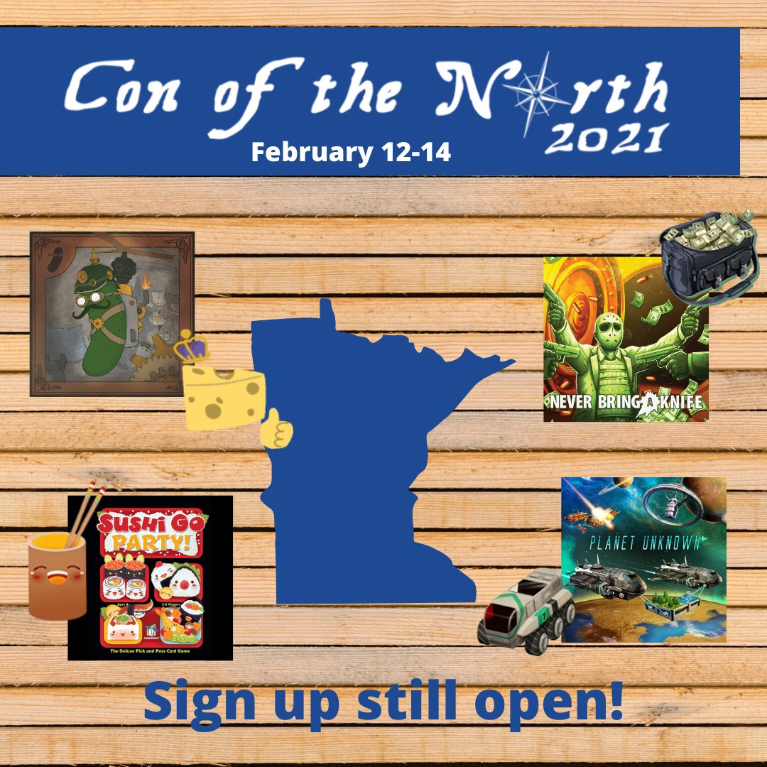 sovranti's tweet photo. Join us for virtual board games @ConOfTheNorth this weekend! Sign ups are still open! Check out the details: https://t.co/IxTDrT0YMH
#planetunknown #adamsapplegames #neverbringaknife #atlasgames #mousecheesecatcucumber #fightinabox #sushigoparty #gamewright https://t.co/fAdJS2kNlW