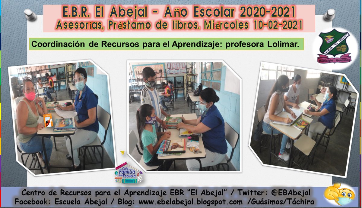 Coordinación de Recursos para el Aprendizaje de <a href="/EBAbejal/">EB EL ABEJAL</a> Uso de la biblioteca escolar, asesorías. <a href="/GuasimosCra/">Guásimos CRA</a> <a href="/clifpguasimos/">clifpguasimos</a> <a href="/Miyoer/">Felipe Vega</a>  @ZonaEducTachira <a href="/Crazet2011/">Crazet2011</a> <a href="/Danielcustodio3/">Daniel Custodio</a> @MPPEDUCACION