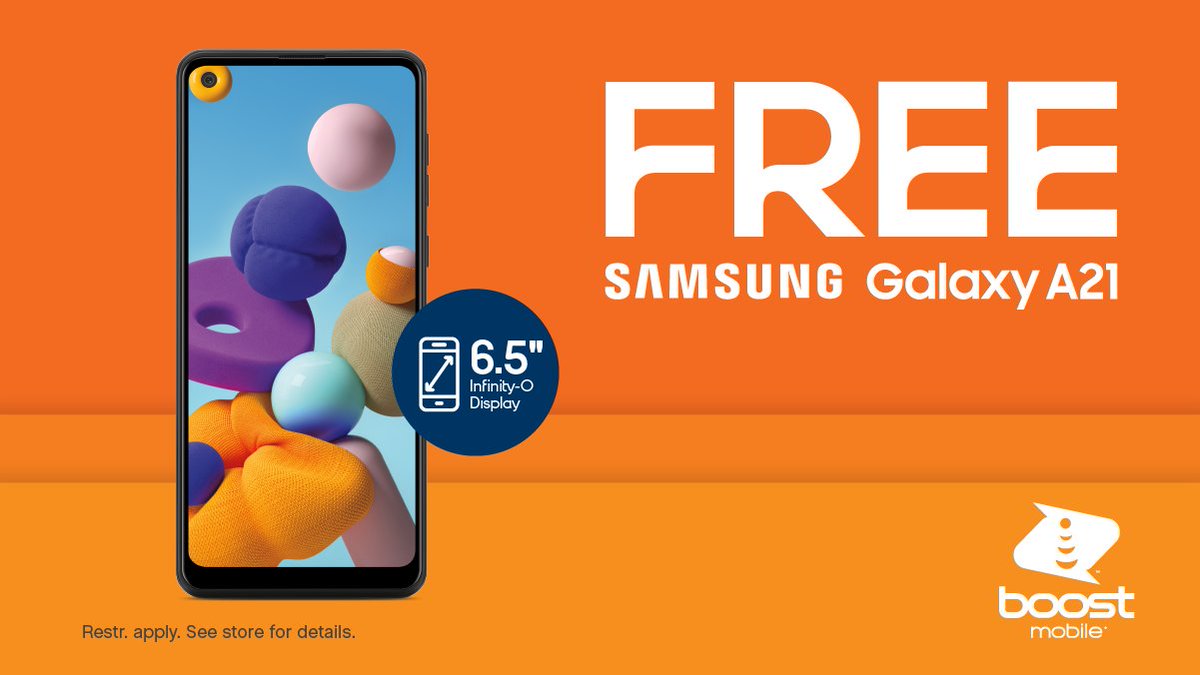 You read that right. 😳 Get the amazing Samsung Galaxy A21 for FREE when you switch to Boost. Restr. apply. In-store only. Ends 3/29. boost.co/3p9L41Y