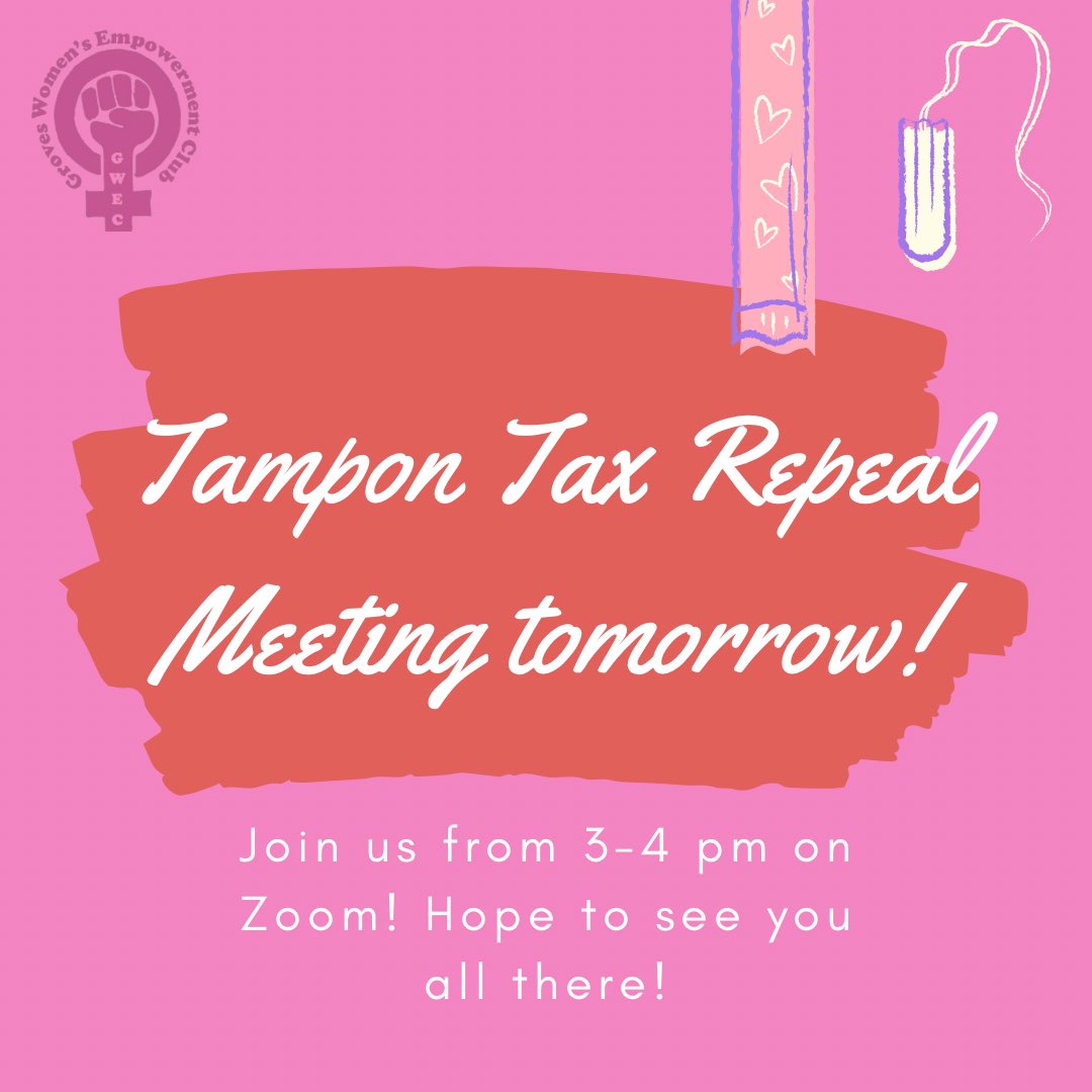 Tomorrow, we are having our first meeting for our Repeal the Period Product Tax initiative 🥳! We will be discussing research and plans with members of the Seaholm Feminism Club and Birmingham Gender Sexuality Alliance! Everyone is welcome! 

💬DM us for the zoom link!