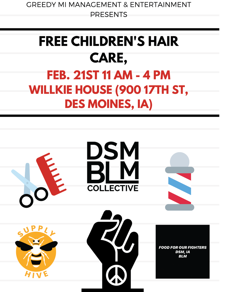 We have had SO many local barbers volunteer their time, thank you all for boosting! 
Now, we need your help to spread the word about this free hair care event for kids. 
Feb 21 11am-4pm at the Willkie House!