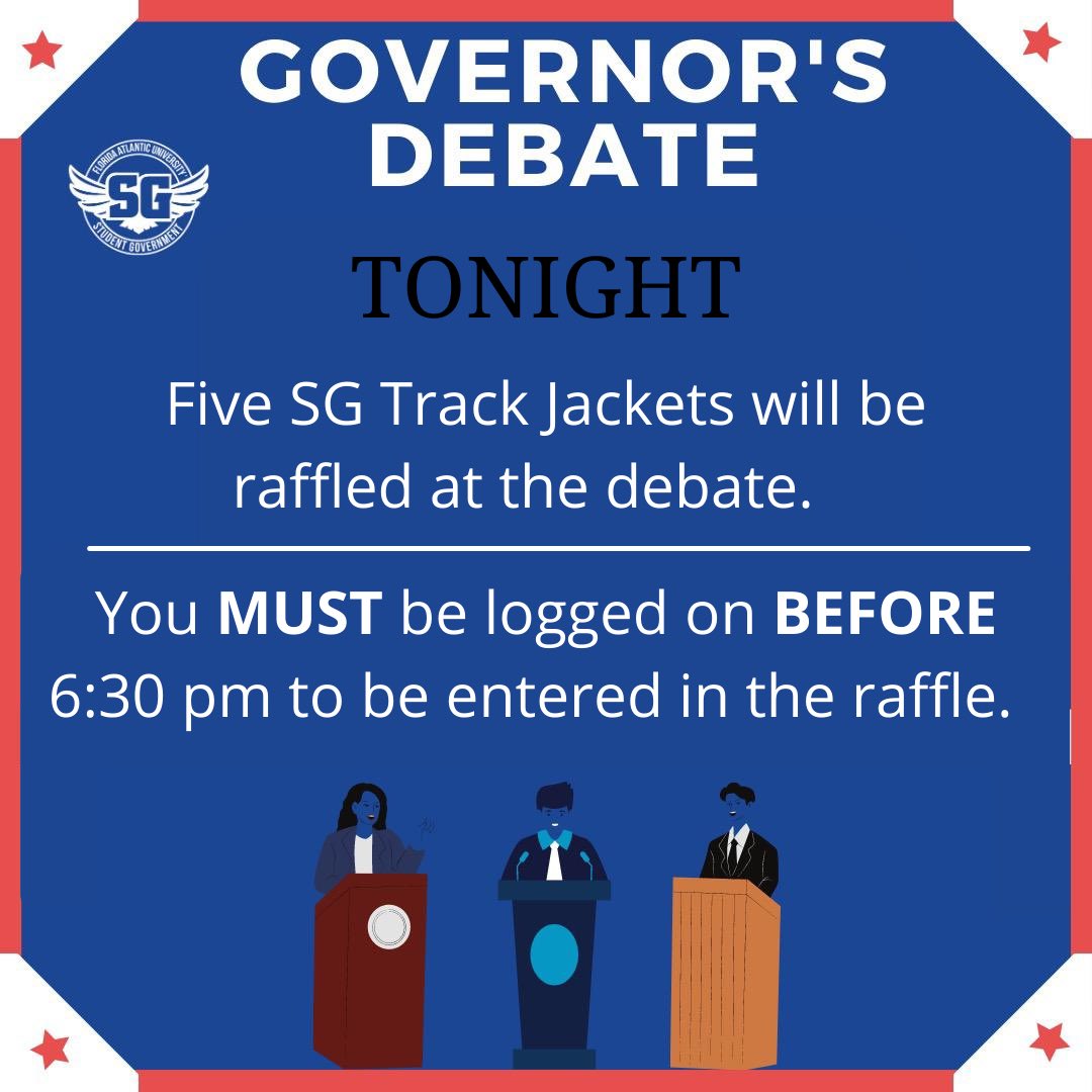 jupfausg's tweet photo. GOVERNOR DEBATE IS TONIGHT!

Come out and learn more about the platforms of your candidates and ask them questions regarding their plans! 
SG Track Jackets will be raffled out to those who check in for attendance BEFORE 6:30pm, so don’t be late! 
— https://t.co/Z0bCT65yrU https://t.co/t6v1Rx0X27