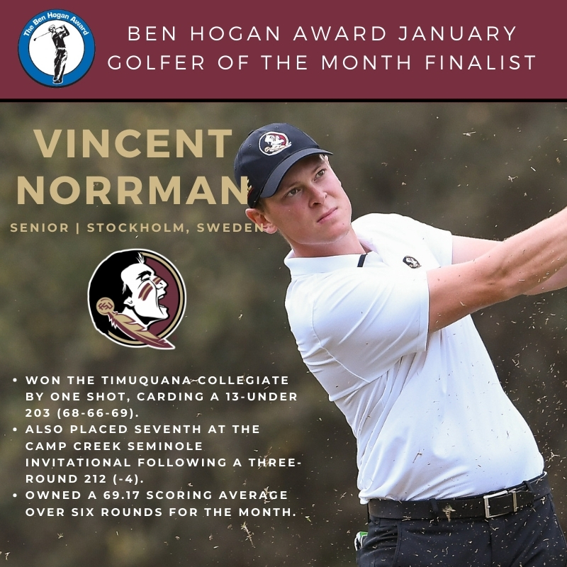 Vote for <a href="/VincentNorrman/">Vincent Norrman</a> of <a href="/FSUGolf/">FSU Golf</a> for Ben Hogan Award January Golfer of the Month honors! Like this post, as well as on Instagram and Facebook. The top vote getter on each social media channel will receive a committee vote.
