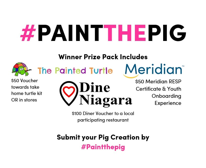 PAINT THE PIG! Create awareness for Kids Mental Health by supporting Pathstone Fill the Pig!
Make ANY pig related creation and #paintthepig to be entered to WIN this awesome prize pack! #fillthepig #changematters #kidscount #thepaintedturtle #dineniagara #meridiancu