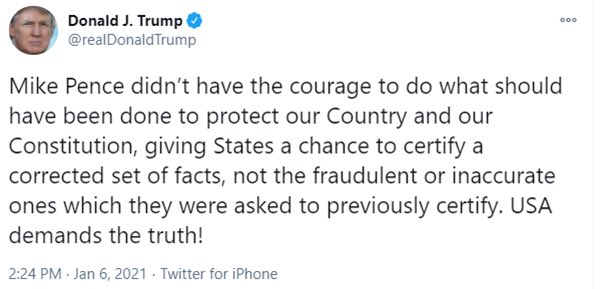 jonkarl's tweet photo. As the mob closed in on the Senate chamber — with Mike Pence’s life clearly in danger — Donald Trump tweeted this about his Vice President. https://t.co/evFCIfogfA