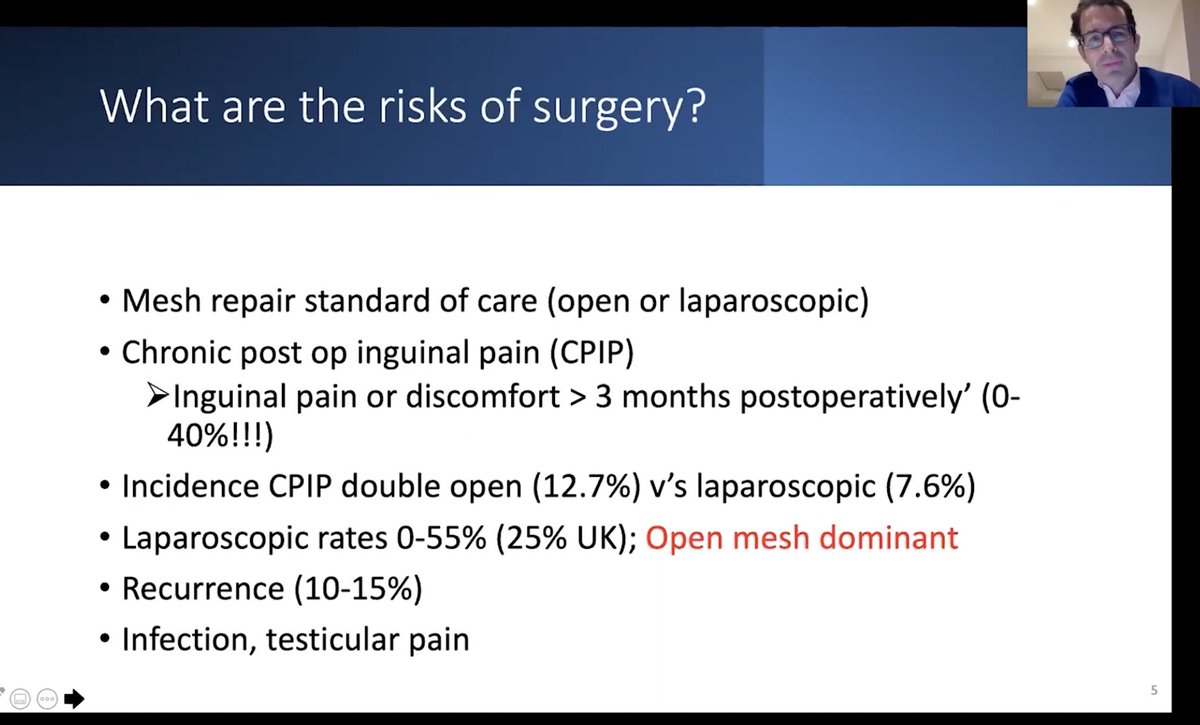 4/7  @medjmw discussed hernia surgery. Choose your surgeon as up to 10% of hernia surgery complicated by chronic pain -laparoscopic is definitely better(only 1/3 do lap surgery in UK but almost all at  @one_welbeck ) +  @OneWelbeckDige1 developing non-mesh tech - way forward for me