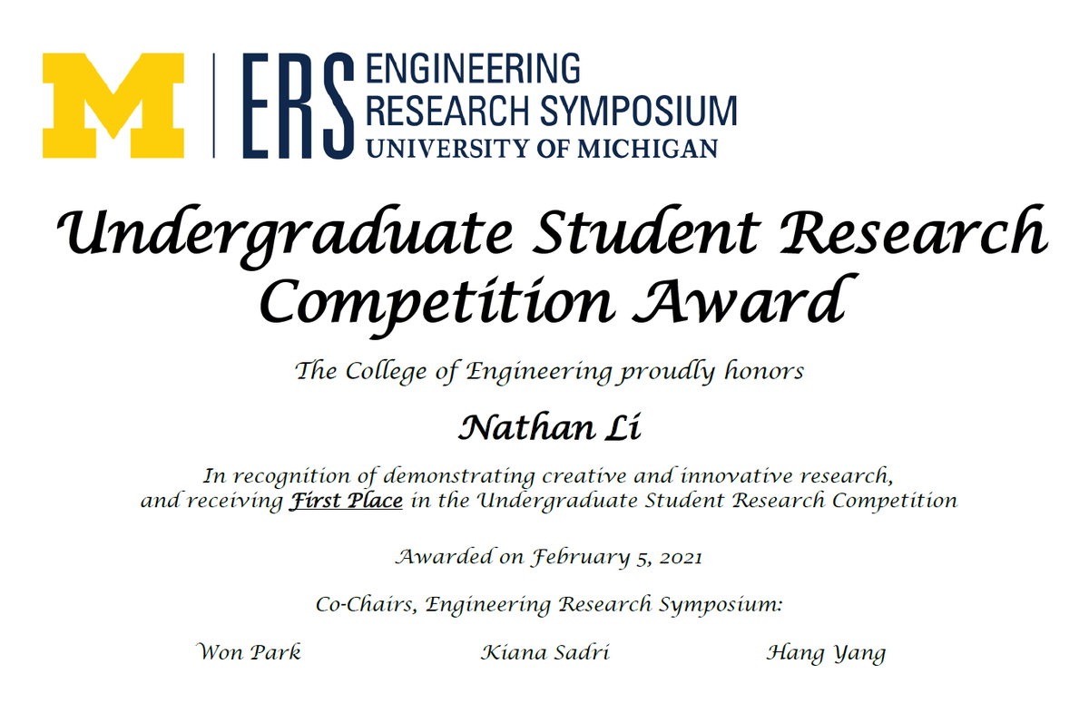 Congratulations to Nathan Li (and other winners), for taking first price in the Undergraduate <a href="/UMengineering/">Michigan Engineering</a> 2021 Engineering Research Symposium!

ers.engin.umich.edu/abstract-and-s…

Congratulations to <a href="/Chris_Tossas/">Christopher Tossas</a> for being such a good mentor for the project!

<a href="/UMBME/">U-M BME</a> <a href="/UM_MICDE/">MICDE</a> <a href="/umichCVC/">U-M Health Frankel CVC</a>