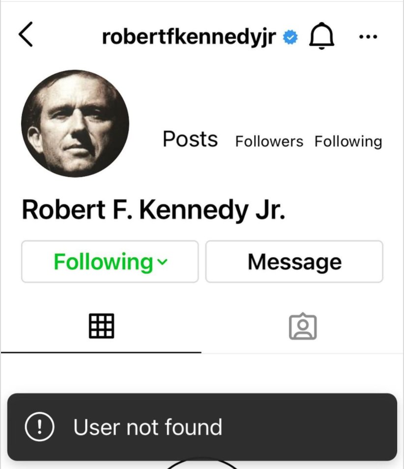 uTobian's tweet photo. It appears that the censors at Instagram have deleted the account of @RobertKennedyJr. If scientific evidence cannot be debated there can be no scientific progress. If harmful products cannot be questioned, then we live in a totalitarian country. Arrest Mark Zuckerberg now. https://t.co/6D1Vp9Sdf2